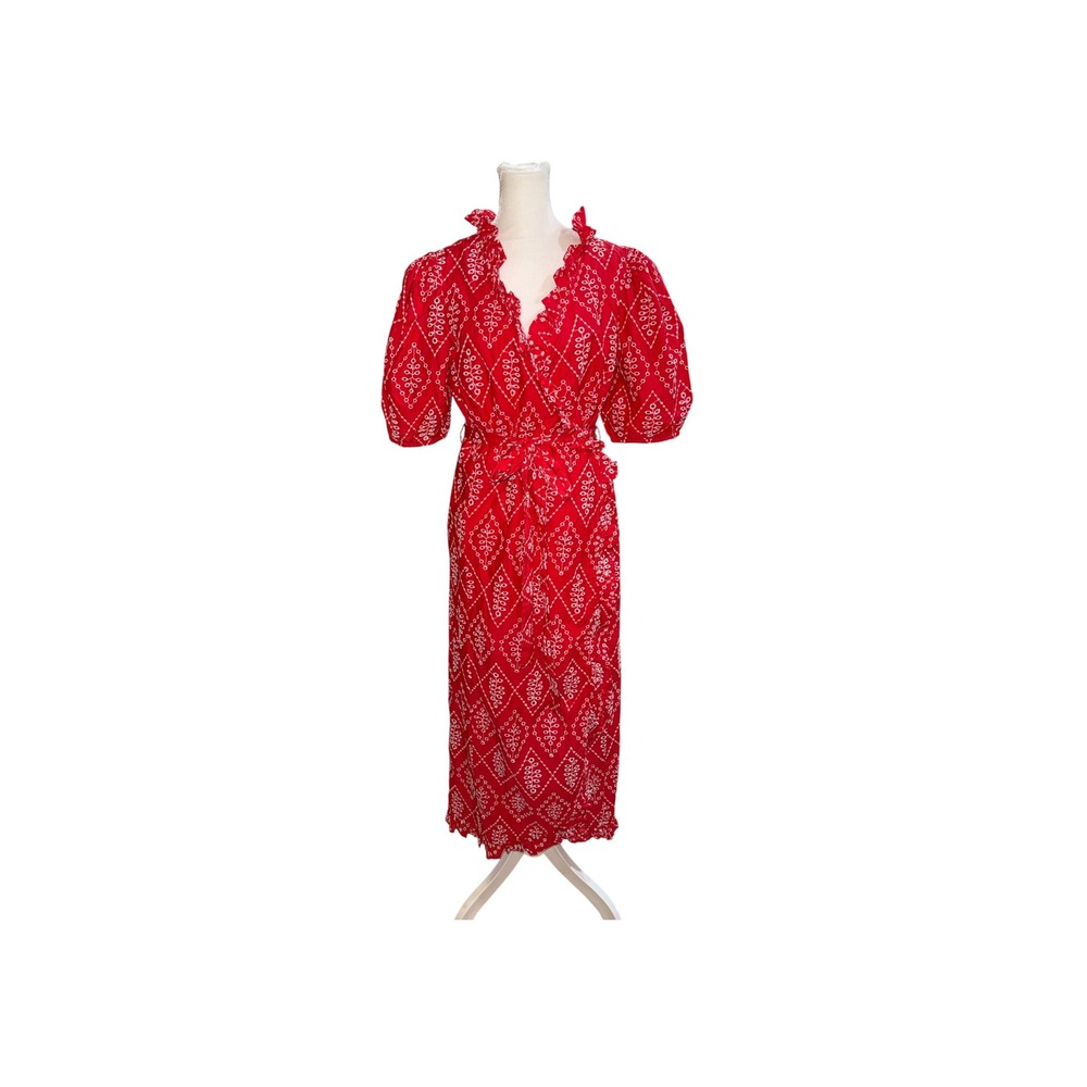 River Island Red Eyelet Cotton Wrap Midi Dress Puff Sleeve Ruffle Neck US 10 NWT
